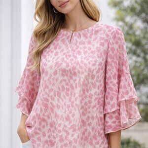 *NWT* Kasper Pink & White Animal Print Blouse XS | Flutter Sleeve Chiffon